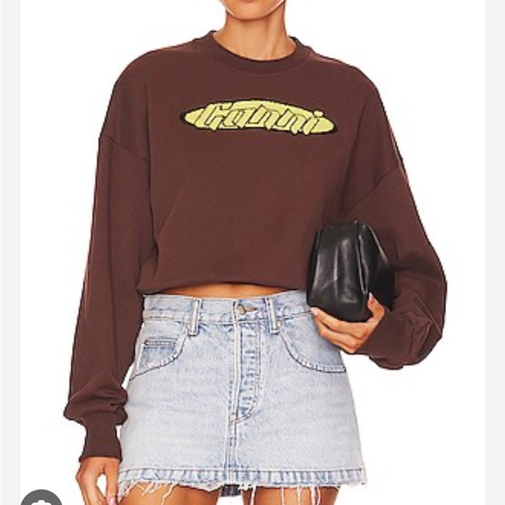 Ganni Chocolate Brown cropped Sweatshirt with Vibrant Yellow Logo in size S